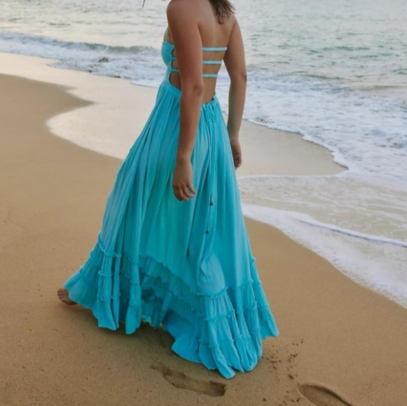 Lavender Lilac Long Gauze Boho Maxi Dress Tiered Flowy Bohemian Beach Vacation - Picture 15 of 15